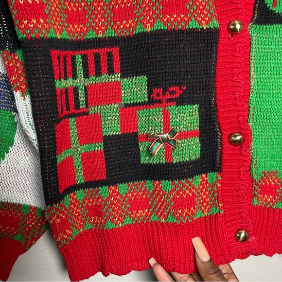 VTG Sweater Loft Women Cardigan Medium Christmas‎ Patchwork Presents Candy Cane - Picture 11 of 15